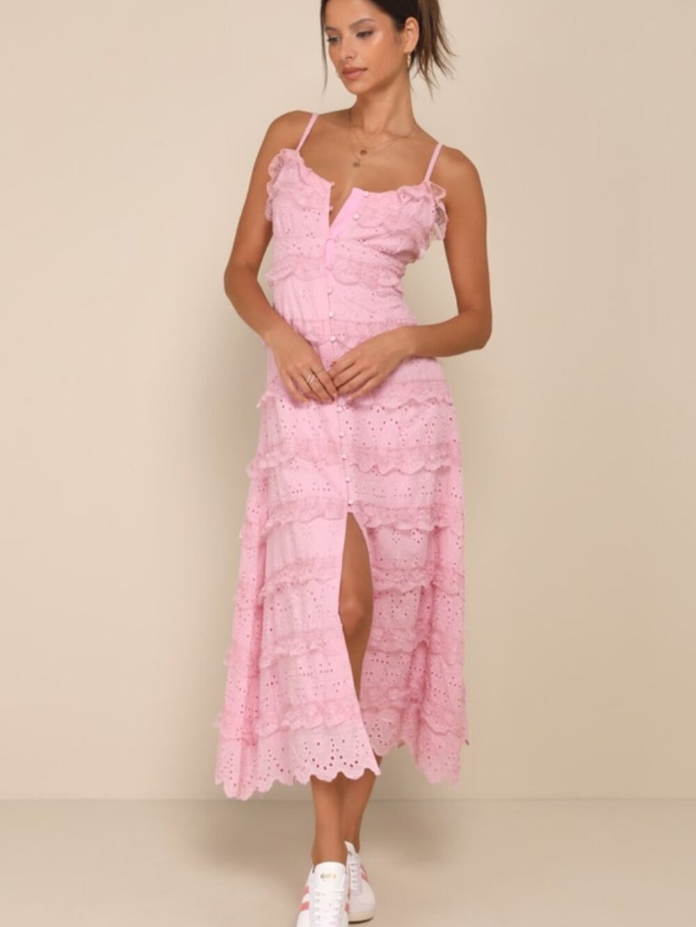 Lulus Delightful Cuteness Pink Lace Ruffled Button-up Maxi Dress - Size XS